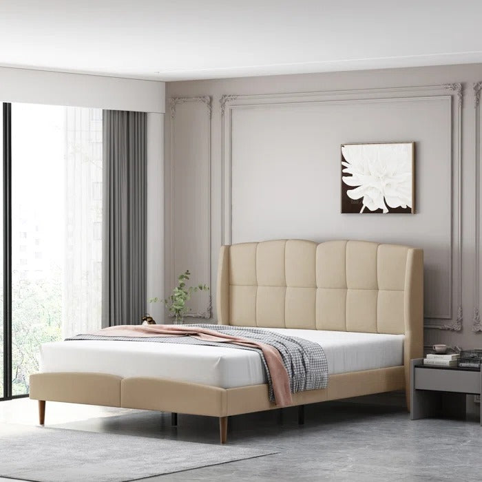 Queen Size Bed: Fabric Upholstered Bed with Wingback Design