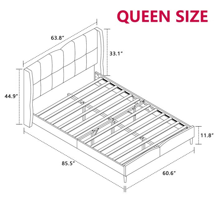 Queen Size Bed: Fabric Upholstered Bed with Wingback Design