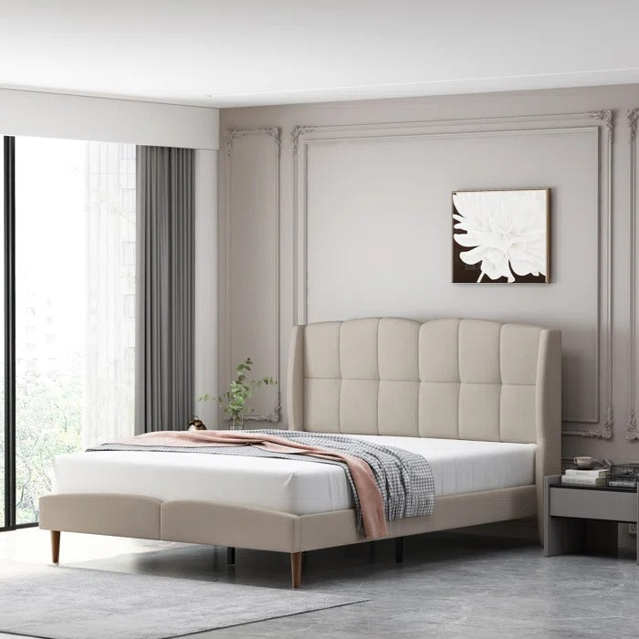 Queen Size Bed: Fabric Upholstered Bed with Wingback Design