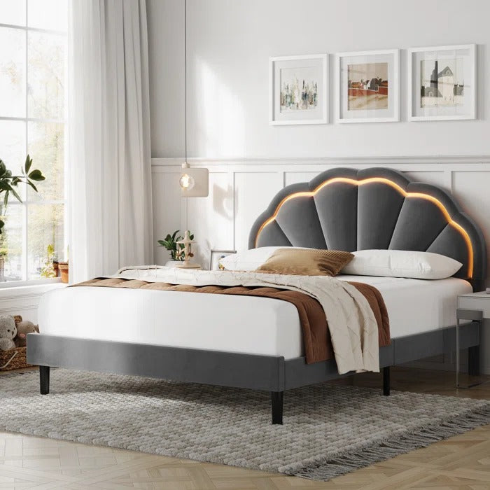 Queen Size Bed: Flower Silhouette Headboard Upholstered Platform Bed