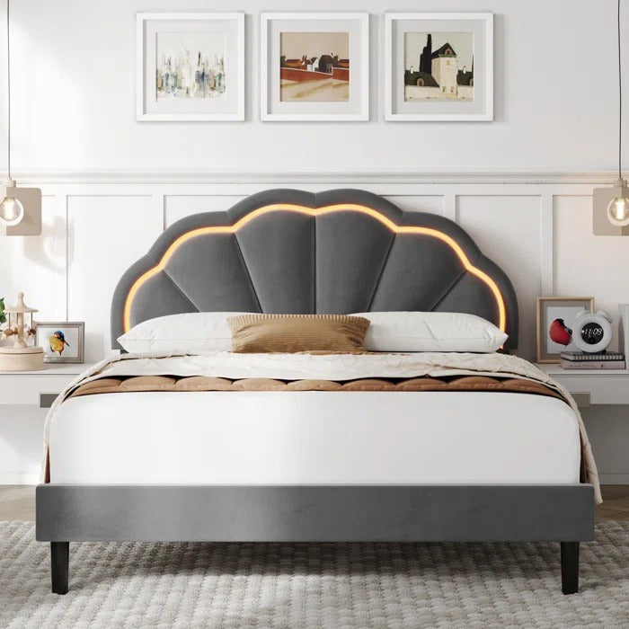 Queen Size Bed: Flower Silhouette Headboard Upholstered Platform Bed