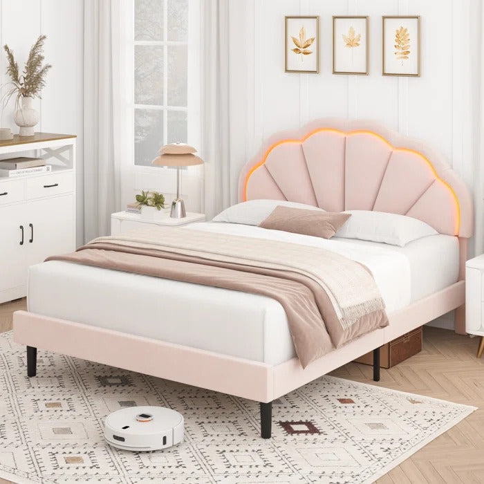 Queen Size Bed: Flower Silhouette Headboard Upholstered Platform Bed