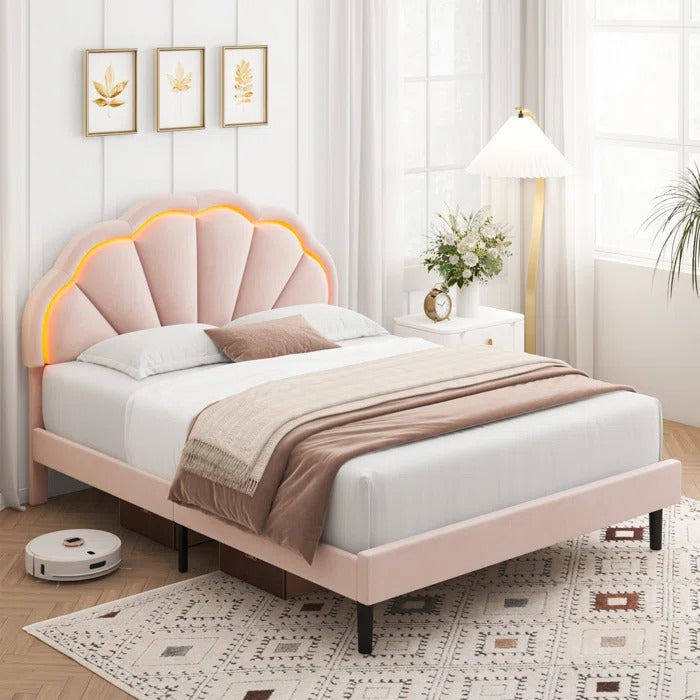 Queen Size Bed: Flower Silhouette Headboard Upholstered Platform Bed