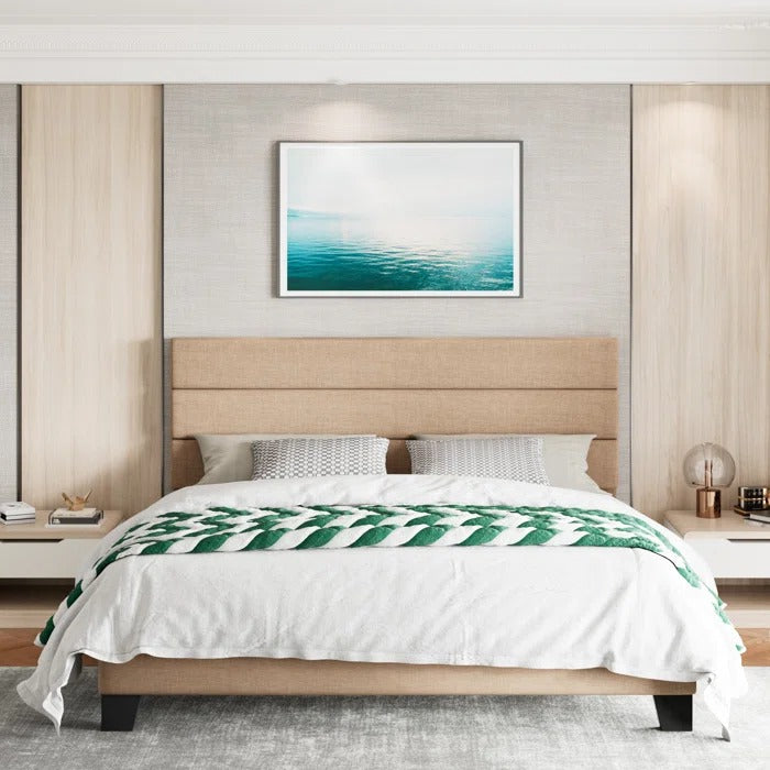 Queen Size Bed: Platform Bed with Fabric Upholstered Headboard and Wooden Slats