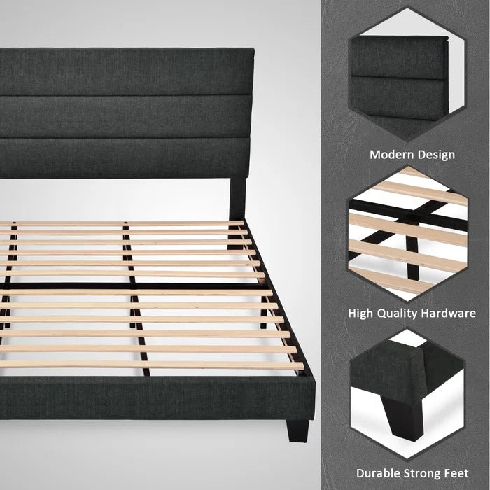 Queen Size Bed: Platform Bed with Fabric Upholstered Headboard and Wooden Slats