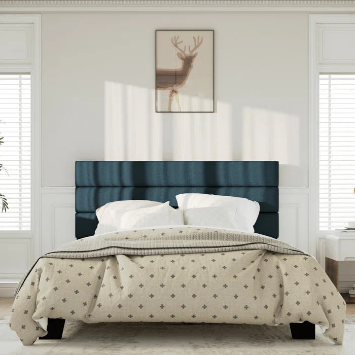 Queen Size Bed: Platform Bed with Fabric Upholstered Headboard and Wooden Slats