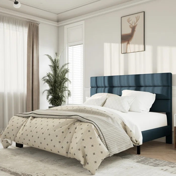 Queen Size Bed: Platform Bed with Fabric Upholstered Headboard and Wooden Slats