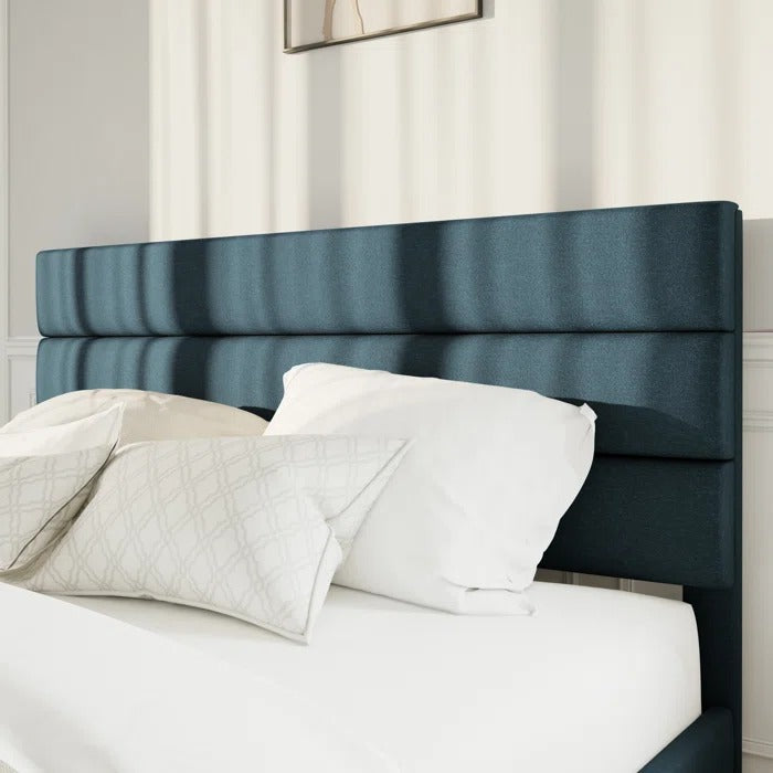 Queen Size Bed: Platform Bed with Fabric Upholstered Headboard and Wooden Slats