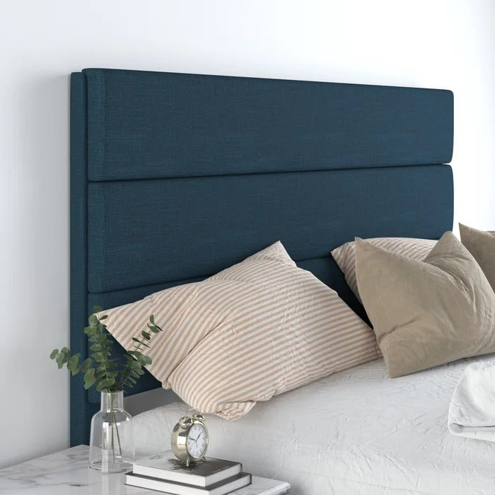 Queen Size Bed: Platform Bed with Fabric Upholstered Headboard and Wooden Slats