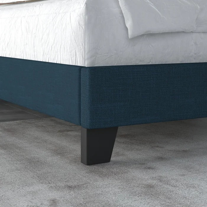 Queen Size Bed: Platform Bed with Fabric Upholstered Headboard and Wooden Slats