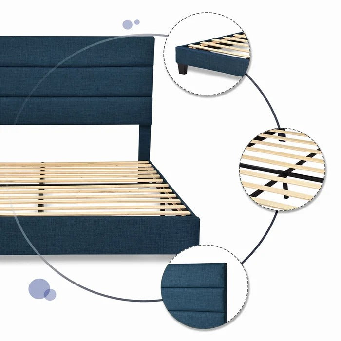 Queen Size Bed: Platform Bed with Fabric Upholstered Headboard and Wooden Slats