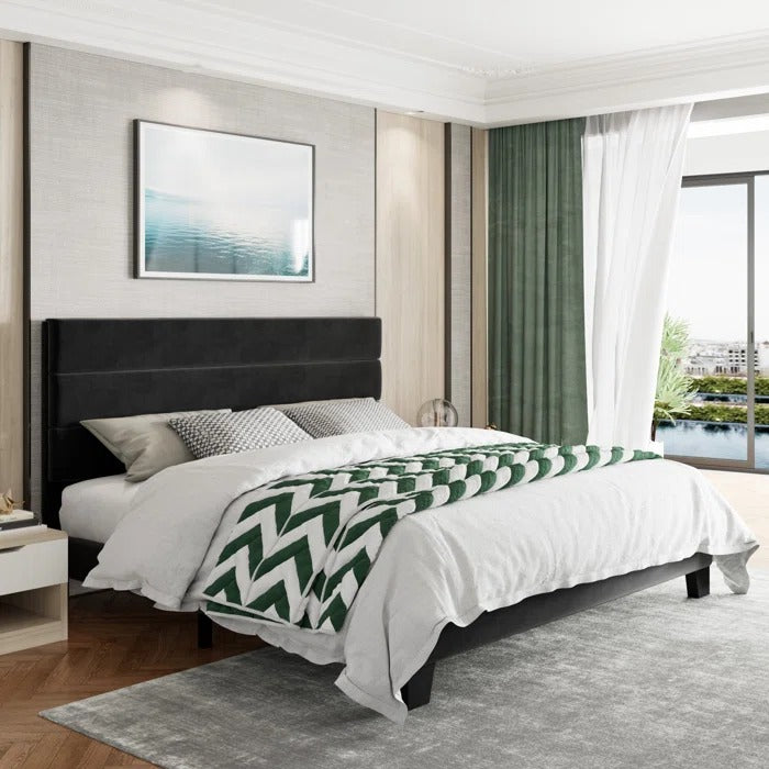 Queen Size Bed: Platform Bed with Fabric Upholstered Headboard and Wooden Slats