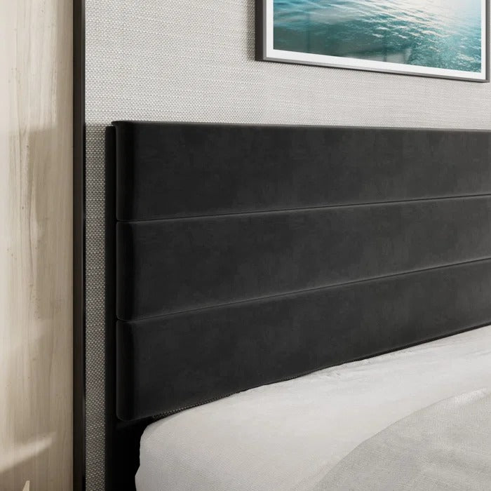Queen Size Bed: Platform Bed with Fabric Upholstered Headboard and Wooden Slats