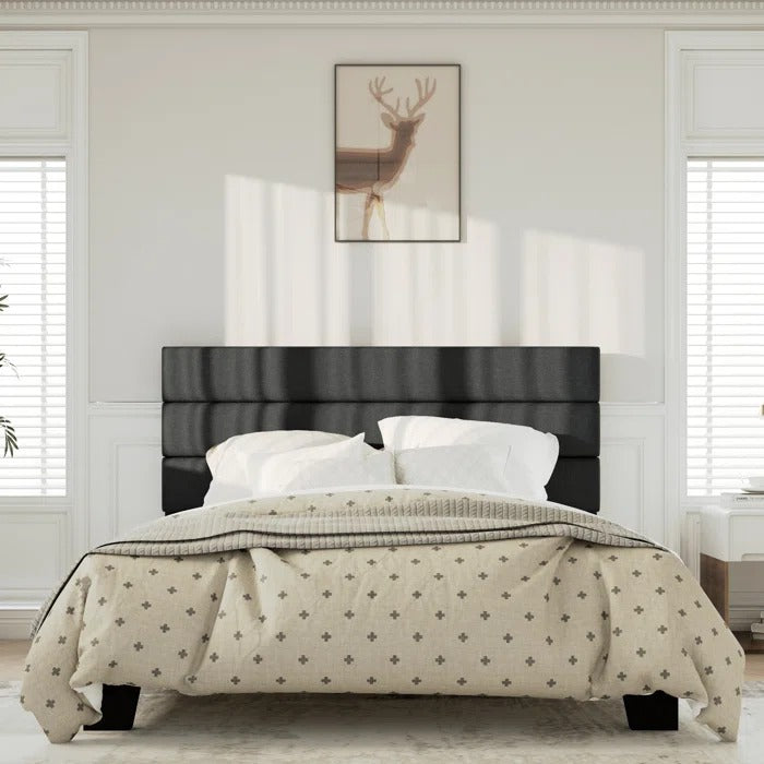 Queen Size Bed: Platform Bed with Fabric Upholstered Headboard and Wooden Slats