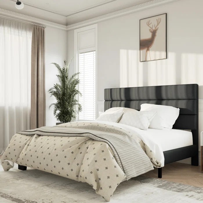 Queen Size Bed: Platform Bed with Fabric Upholstered Headboard and Wooden Slats