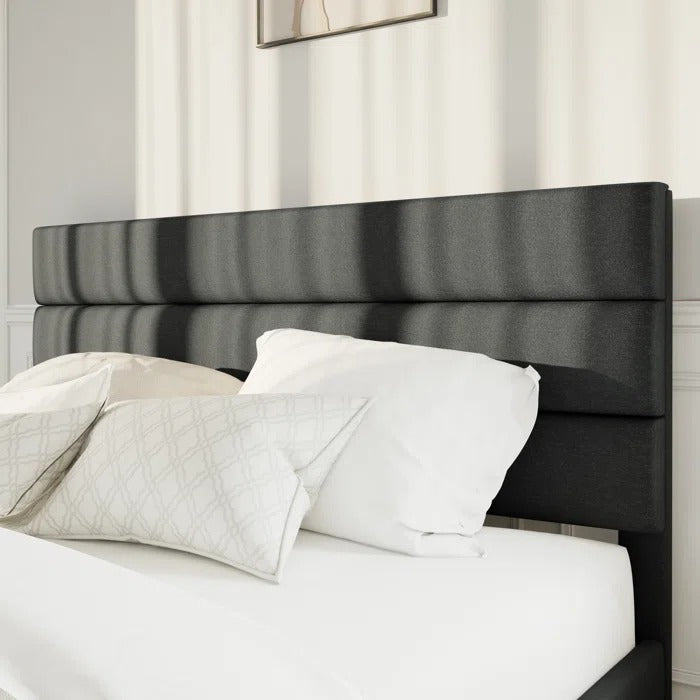 Queen Size Bed: Platform Bed with Fabric Upholstered Headboard and Wooden Slats