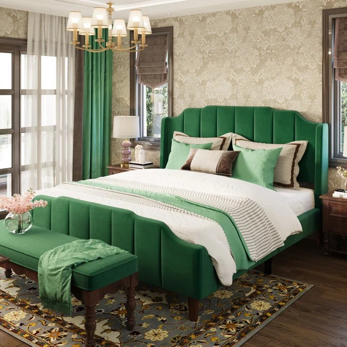 Queen Size Bed: Queen Size Modern Curved Upholstered Bed