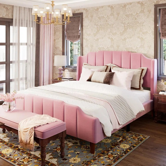 Queen Size Bed: Queen Size Modern Curved Upholstered Bed