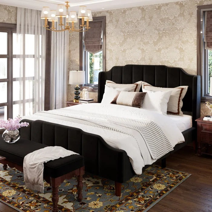 Queen Size Bed: Queen Size Modern Curved Upholstered Bed