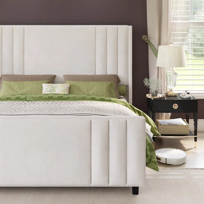 Queen Size Bed: Velvet Upholstered Platform Bed with Headboard