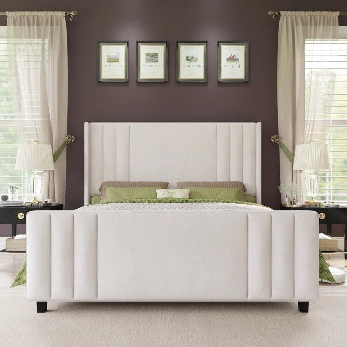Queen Size Bed: Velvet Upholstered Platform Bed with Headboard