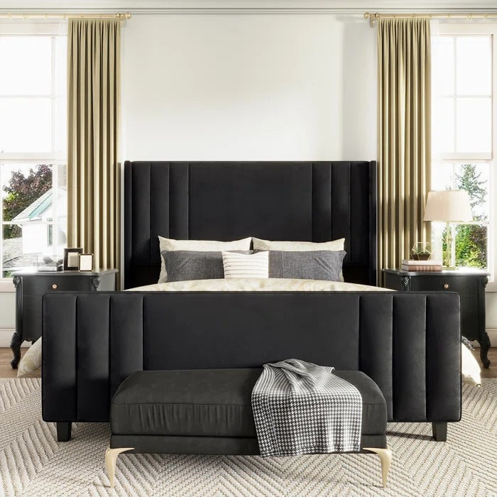 Queen Size Bed: Velvet Upholstered Platform Bed with Headboard