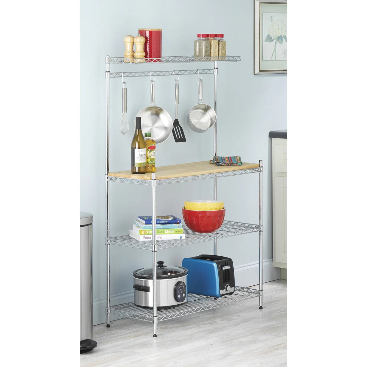 Kitchen Racks: 36.25'' Adjustable Metal Baker's Rack with Wood Countertop and Hanging Hooks