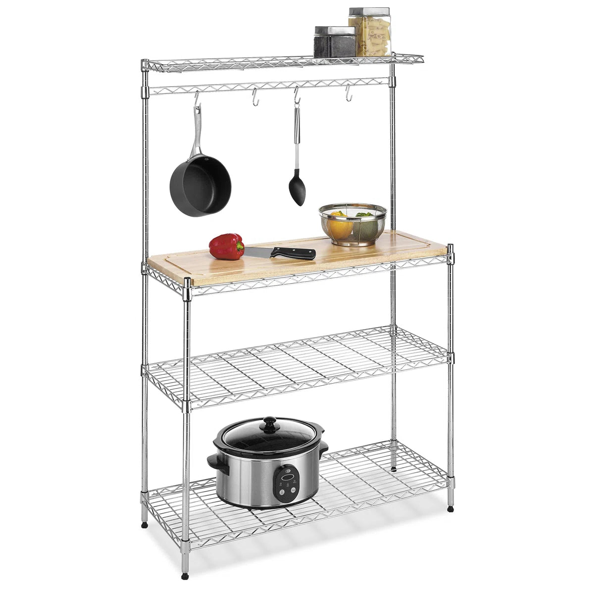 Kitchen Racks: 36.25'' Adjustable Metal Baker's Rack with Wood Countertop and Hanging Hooks