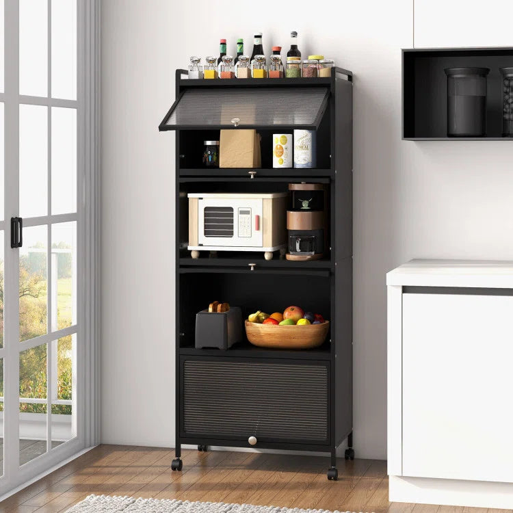 Kitchen Racks: Modern Black Storage Cabinet with Flip Doors and Open Shelves