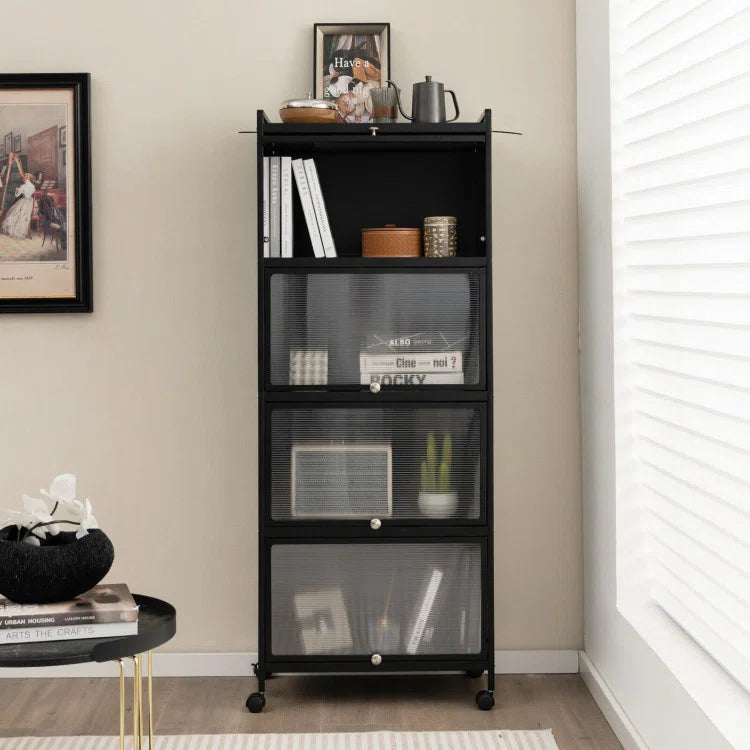 Kitchen Racks: Modern Black Storage Cabinet with Flip Doors and Open Shelves