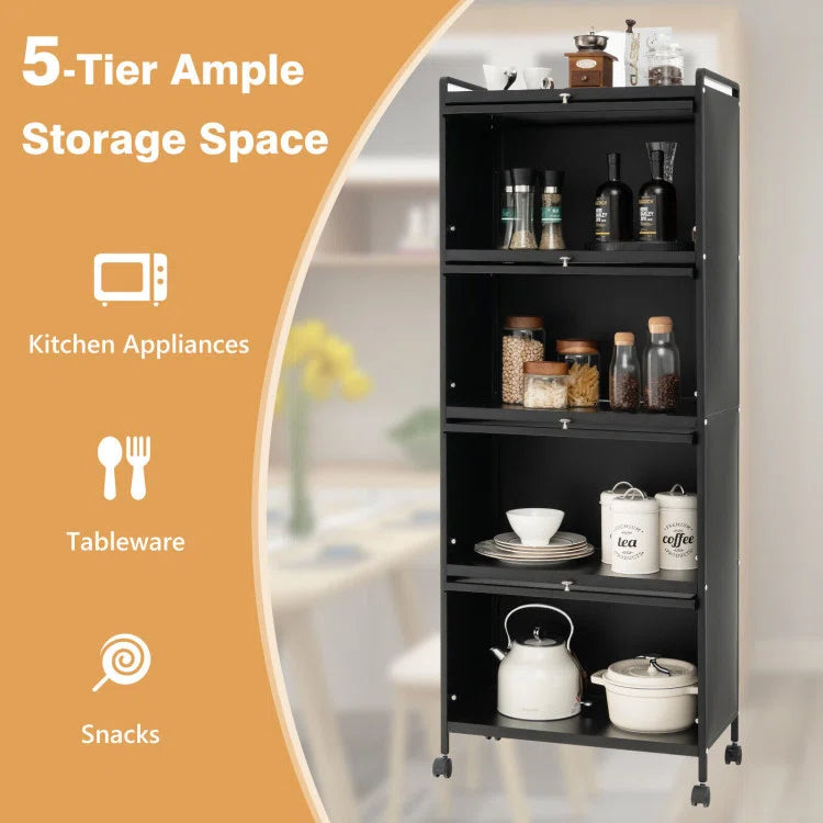 Kitchen Racks: Modern Black Storage Cabinet with Flip Doors and Open Shelves