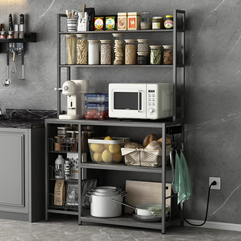Kitchen Racks: Gray Kitchen Baker's Rack with 3 Wire Baskets, Power Outlets & Microwave Shelf