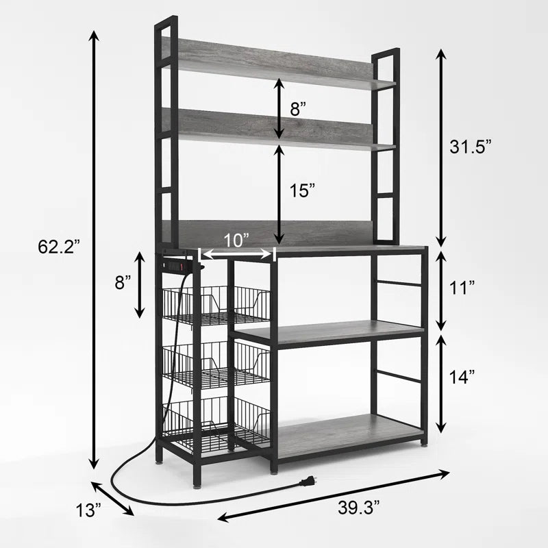 Kitchen Racks: Gray Kitchen Baker's Rack with 3 Wire Baskets, Power Outlets & Microwave Shelf