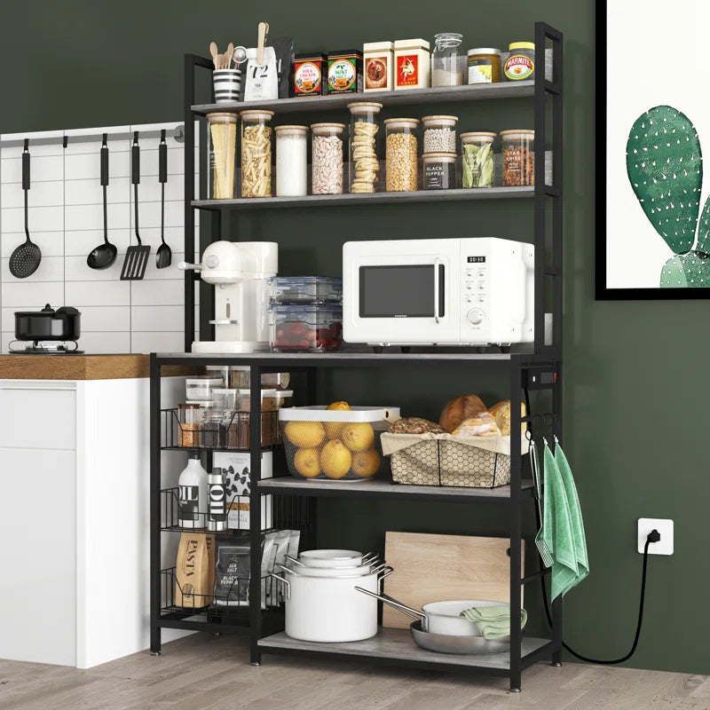 Kitchen Racks: Gray Kitchen Baker's Rack with 3 Wire Baskets, Power Outlets & Microwave Shelf