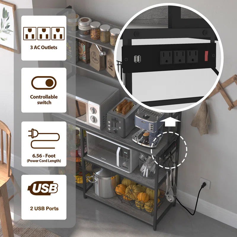 Kitchen Racks: Gray Kitchen Baker's Rack with 3 Wire Baskets, Power Outlets & Microwave Shelf