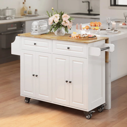 Kitchen Island Table: 43.2" Wide Rolling Cart with Drop Leaf, Large Drawer & Towel Rack