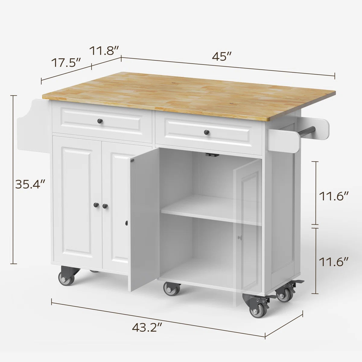 Kitchen Island Table: 43.2" Wide Rolling Cart with Drop Leaf, Large Drawer & Towel Rack