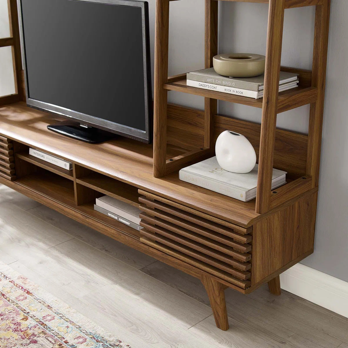 tv panel: Modern tv panel with open shelves and clean design