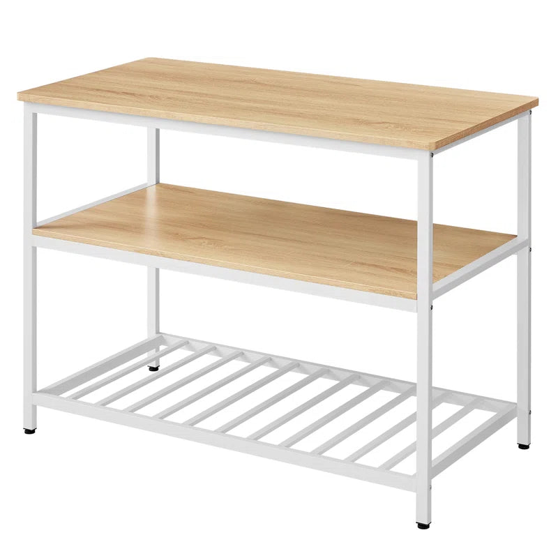 Kitchen Island Table: Oak & White 3-Tier Storage Counter with Adjustable Feet