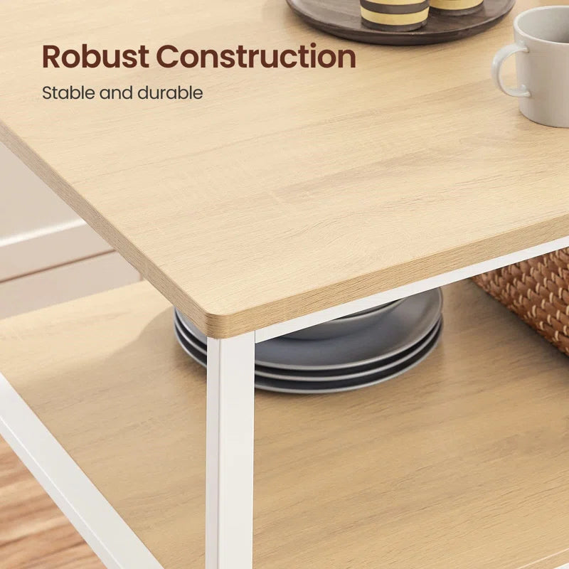 Kitchen Island Table: Oak & White 3-Tier Storage Counter with Adjustable Feet