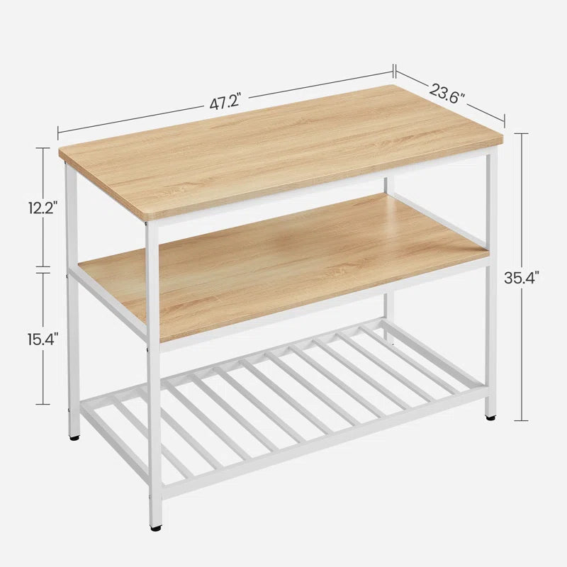 Kitchen Island Table: Oak & White 3-Tier Storage Counter with Adjustable Feet