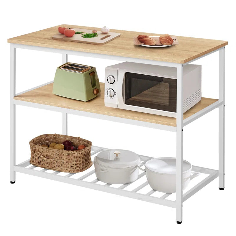 Kitchen Island Table: Oak & White 3-Tier Storage Counter with Adjustable Feet