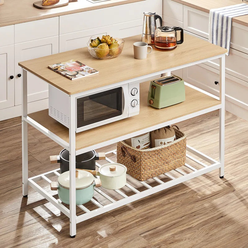 Kitchen Island Table: Oak & White 3-Tier Storage Counter with Adjustable Feet