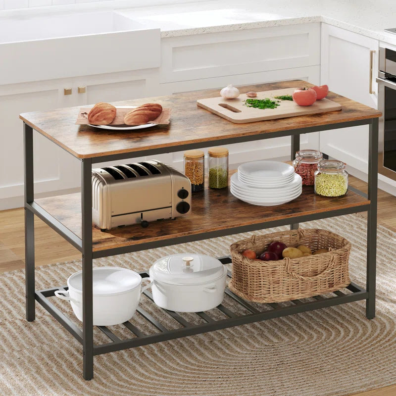 Kitchen Island Table – Industrial Rolling Cart with 2-Tier Open Shelves & Matte Iron Frame