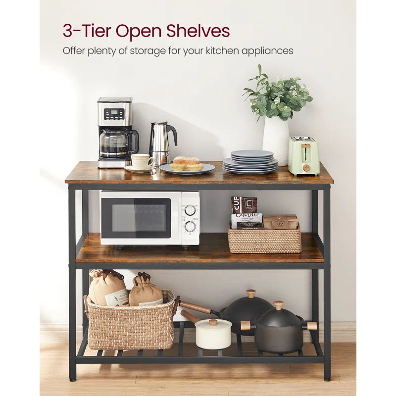 Kitchen Island Table – Industrial Rolling Cart with 2-Tier Open Shelves & Matte Iron Frame