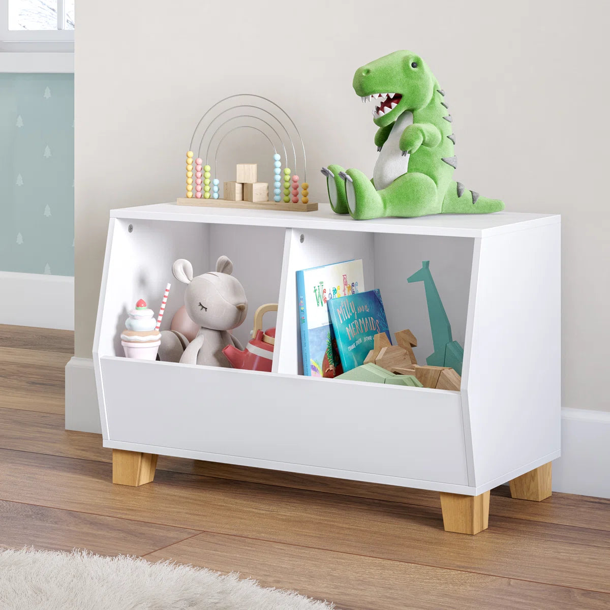 Kids Toy Storage Unit: 26.5'' Wide White Wooden Organiser with 2 Compartments & Pine Legs