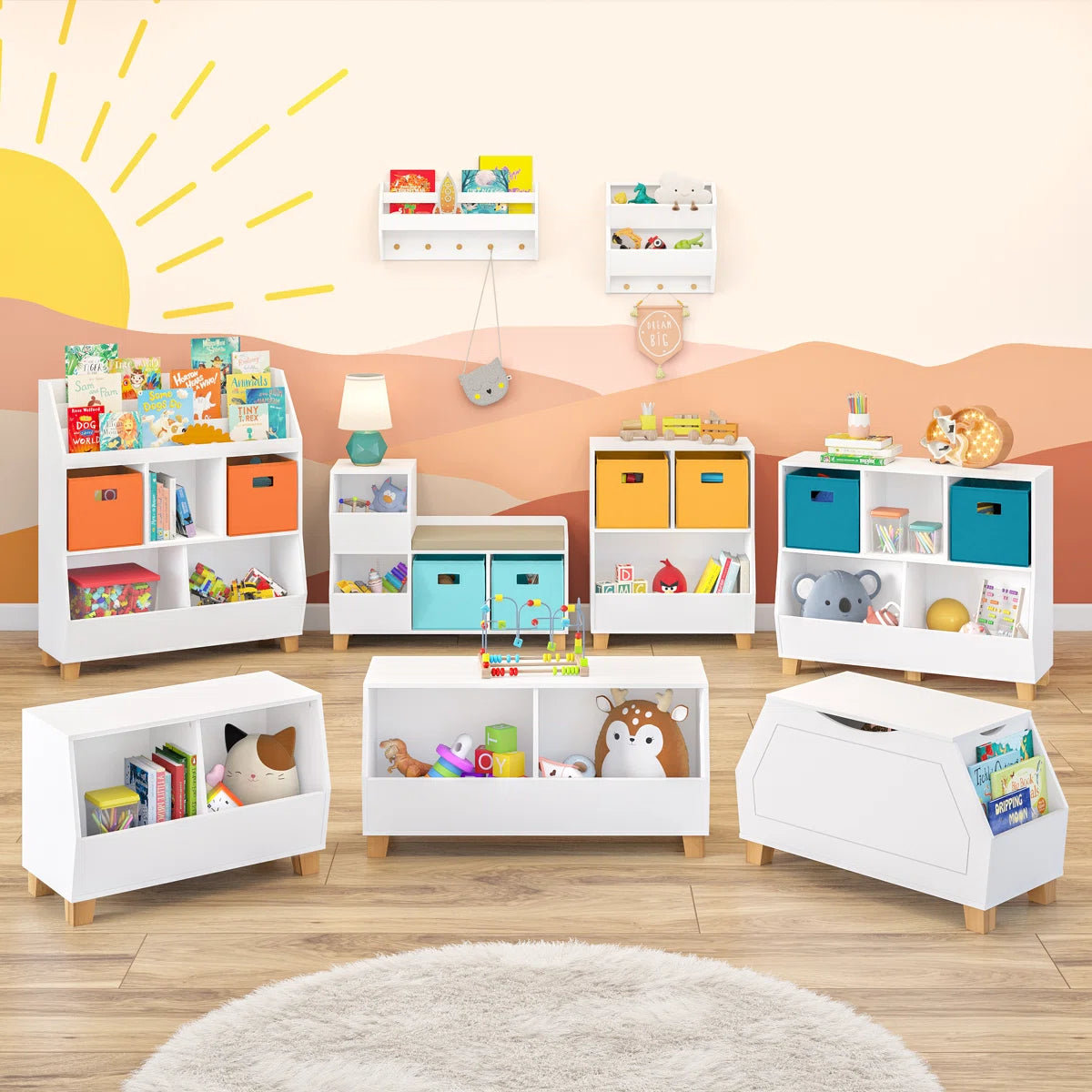 Kids Toy Storage Unit: 26.5'' Wide White Wooden Organiser with 2 Compartments & Pine Legs
