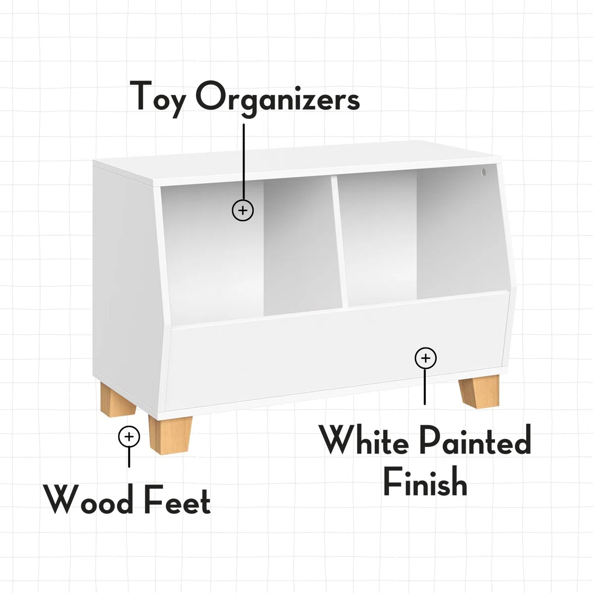 Kids Toy Storage Unit: 26.5'' Wide White Wooden Organiser with 2 Compartments & Pine Legs
