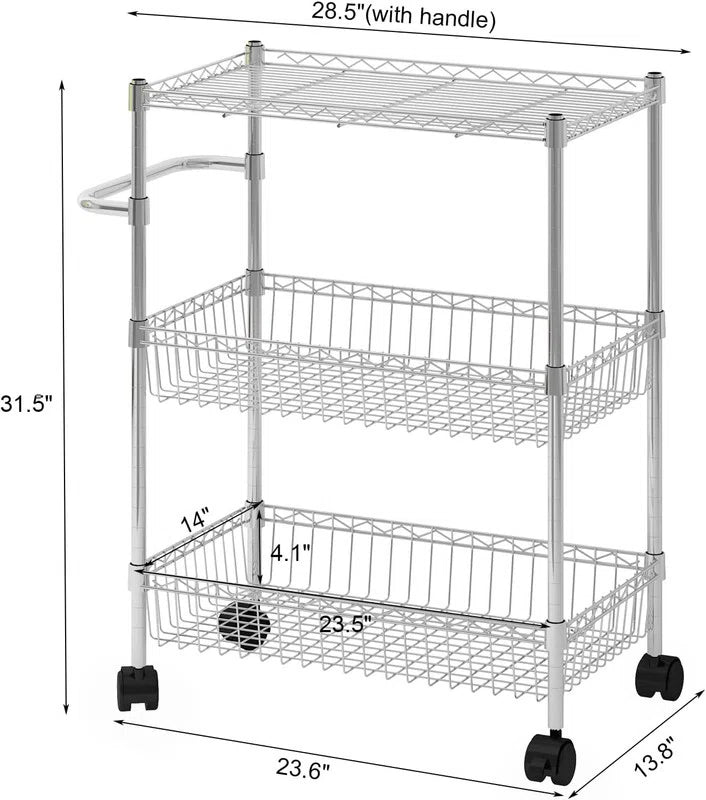 Kitchen Rack: Rolling Snack Storage Cart, 3-Tier Rolling Cart, Metal Kitchen Cart with Baskets on Wheels