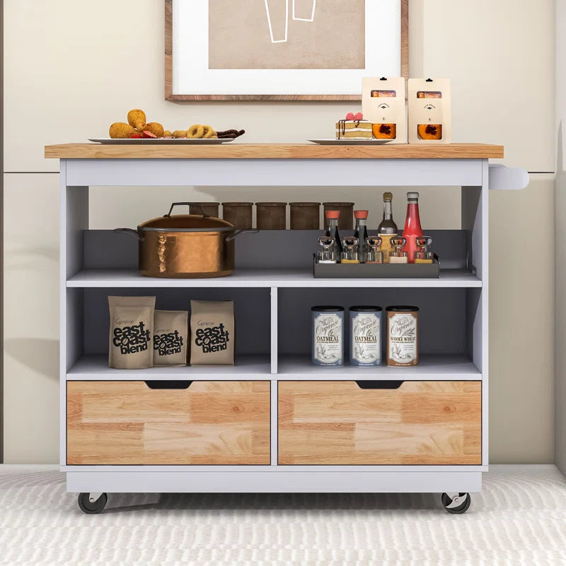 Kitchen Island Table: Mobile Cart with Drawers, Open Shelves & Butcher Block Top